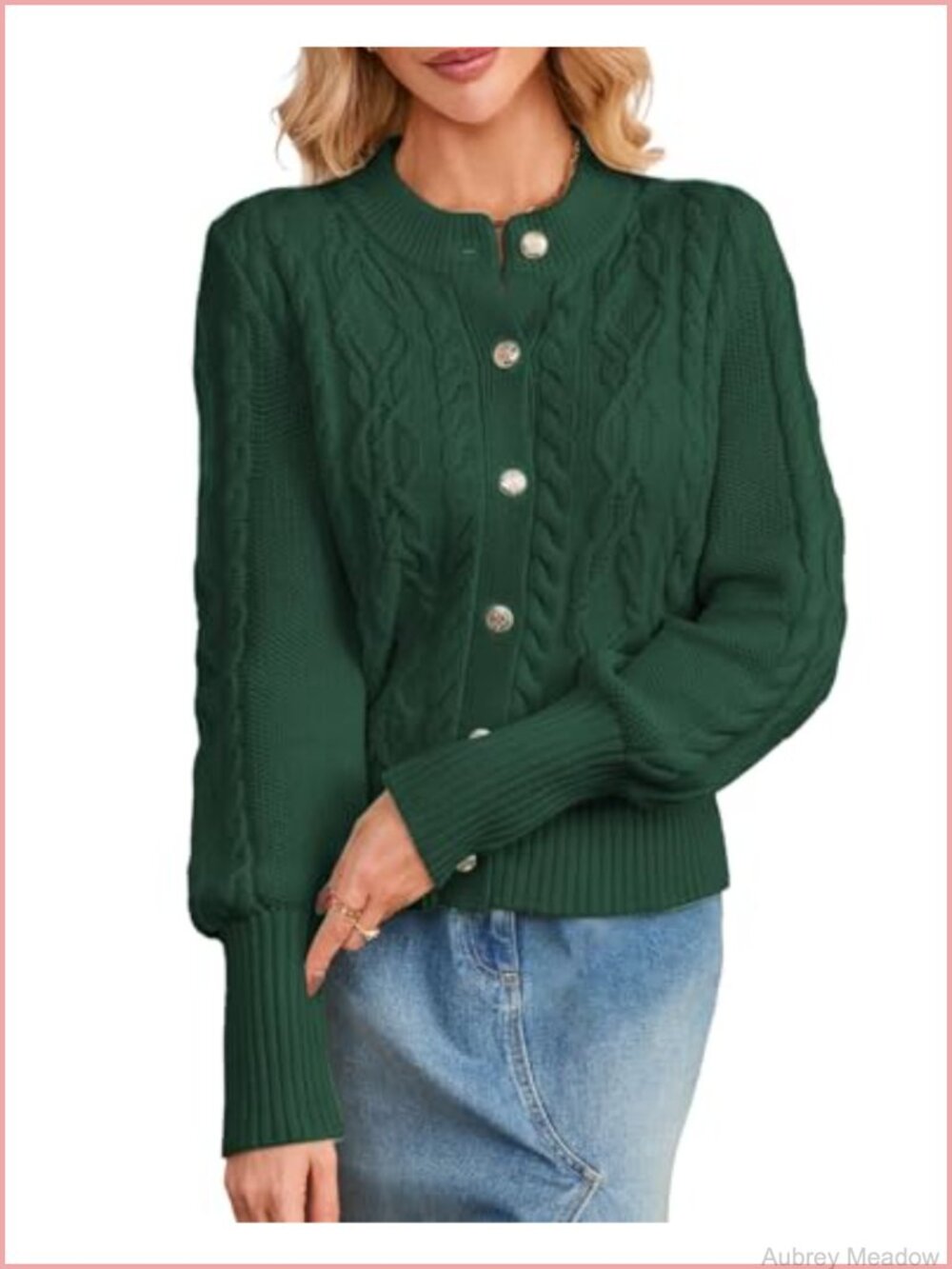 Cable Knit Cardigan Sweater Button Down Cropped Jacket Bishop Sleeve